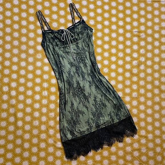 cider green lace dress CIDER Green Midi Dress with Black Overlay Lace (Large) The Thrifty Hippy